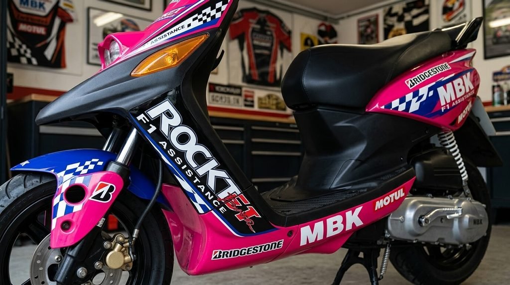 Détail des carénages et autocollants spécifiques de la série limitée Rocket F1 Assistance.