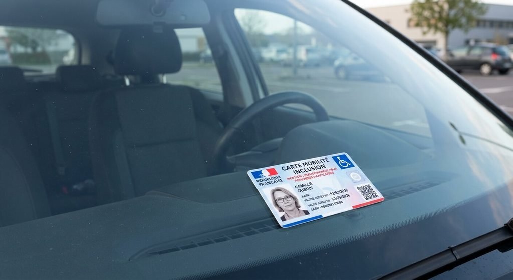 Stationnement handicapé en résidence privée : règles, droits et sanctions 3 Carte Mobilité Inclusion (CMI-S) pour personne handicapée posée derrière le pare-brise d'une voiture.