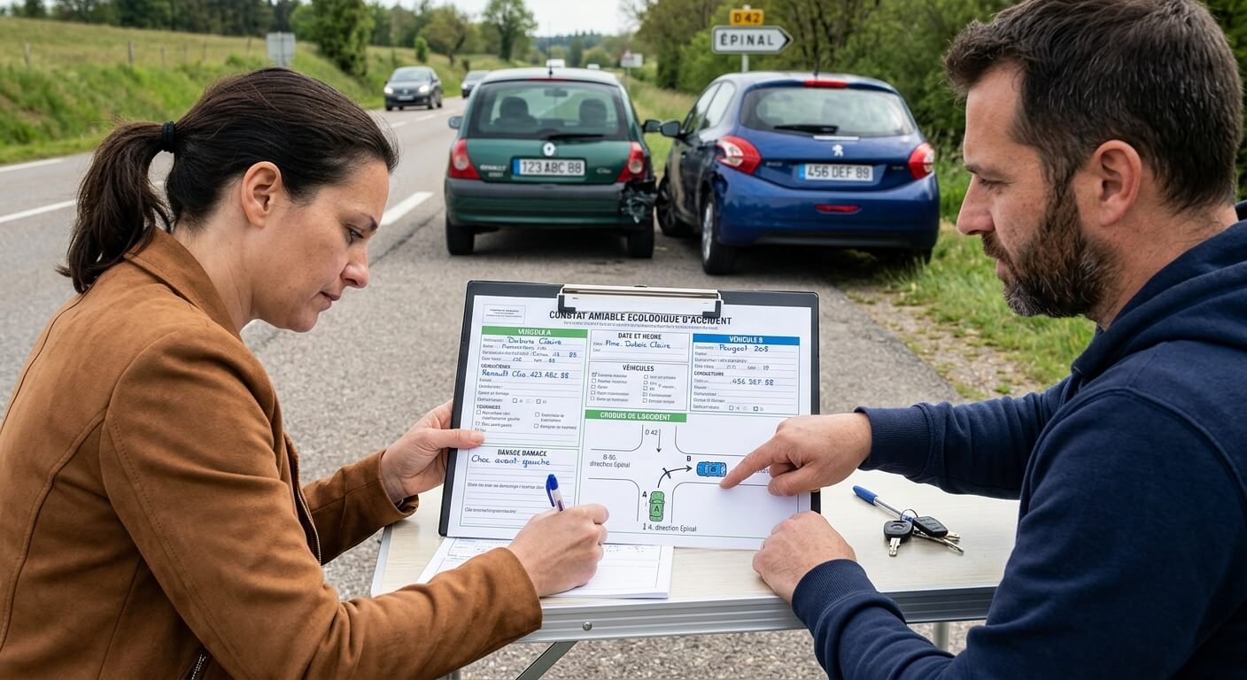 Remplissage des cases et du croquis d'un constat écologique d'accident de voiture.