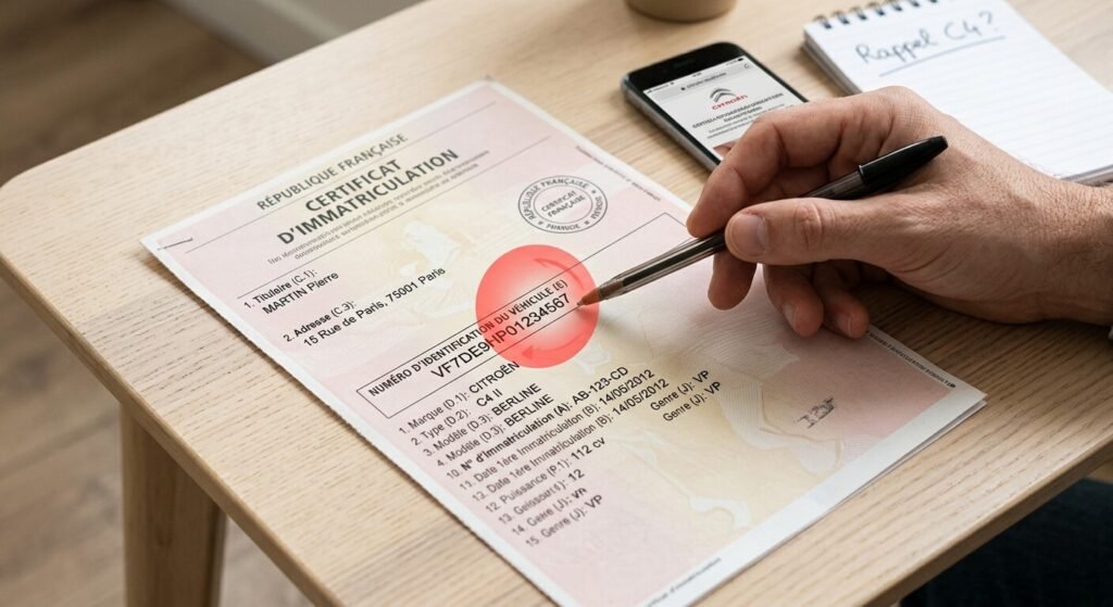 Rappel des airbags Takata sur Citroën C4 : modèles concernés et démarches 4 Emplacement du numéro de série VIN sur une carte grise pour vérifier un rappel.