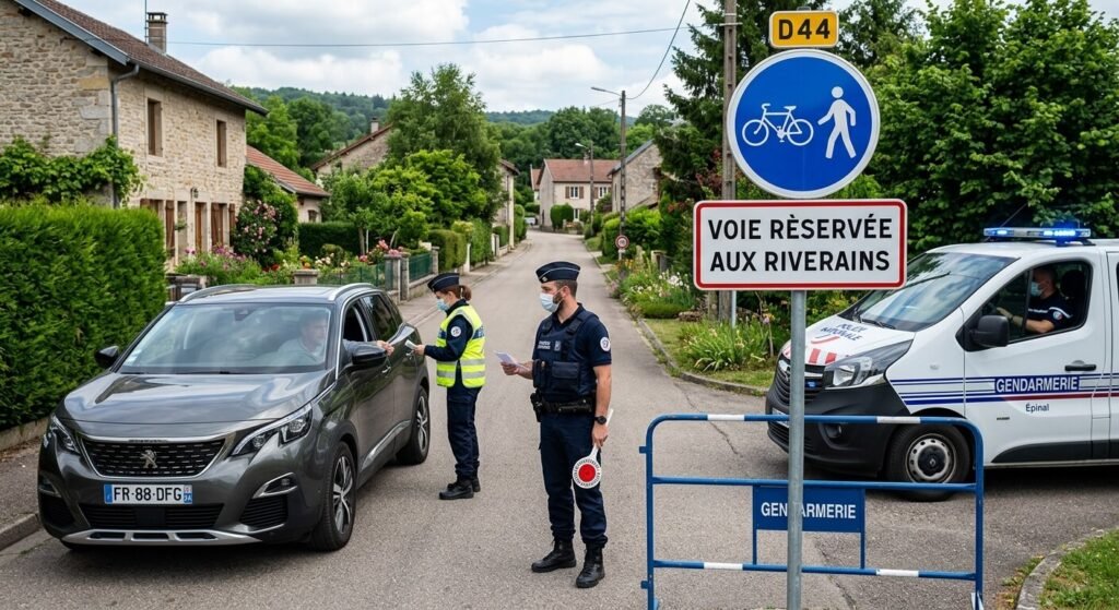 Contrôle des forces de l'ordre à l'entrée d'une voie réservée aux riverains.