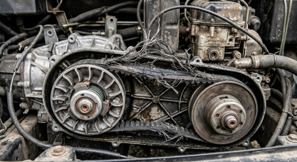 Courroie de variateur usée et effilochée sur la transmission d'une voiture sans permis.