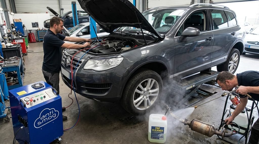 Décalaminage à l'hydrogène et nettoyage sous pression du filtre à particules d'un SUV en atelier.