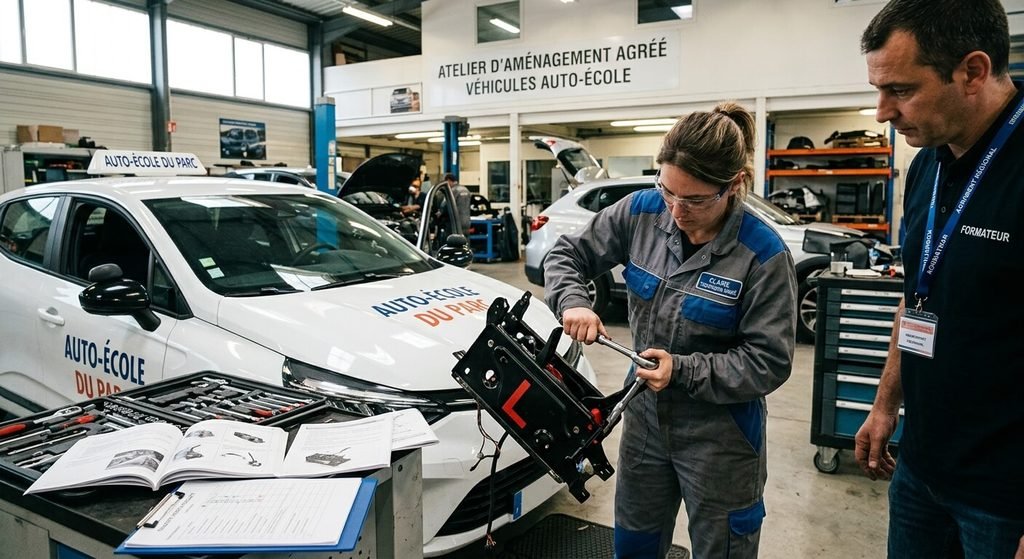 Dépose du boîtier de double pédalier côté passager dans un atelier d'aménagement agréé.