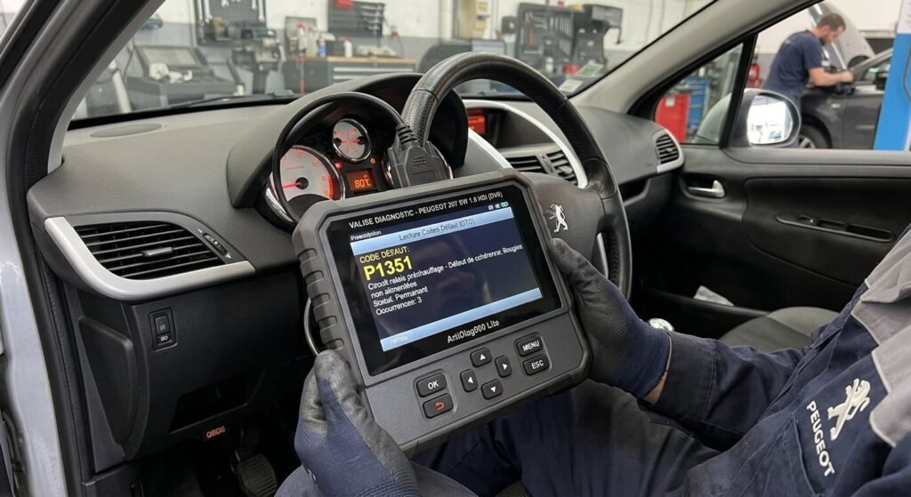 Écran de valise de diagnostic affichant le code P1351 Circuit relais préchauffage sur moteur 1.6 HDi.