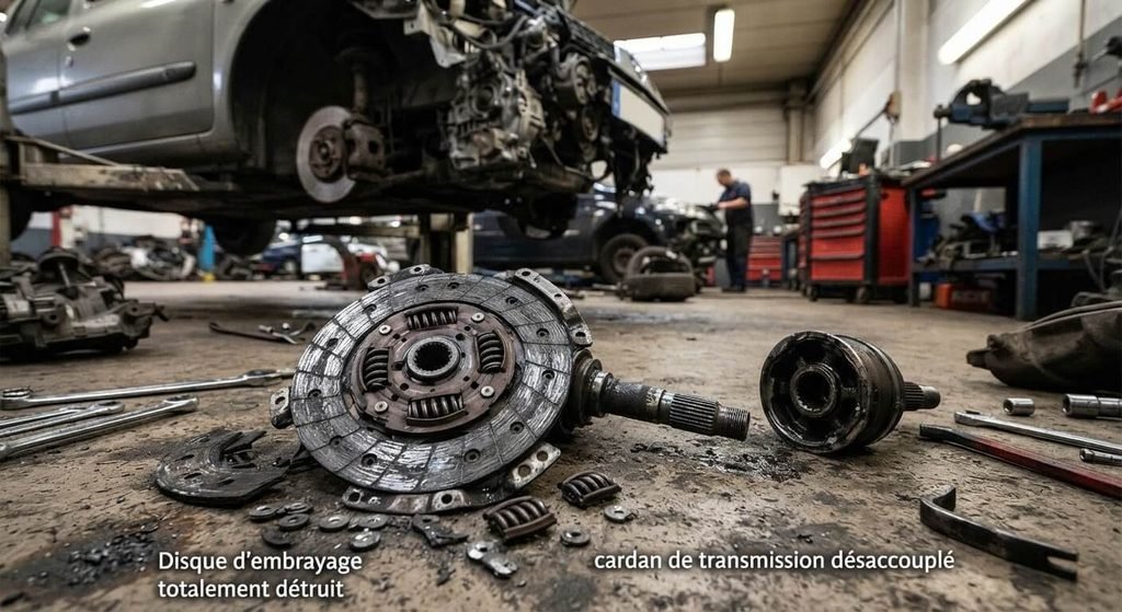 Les vitesses passent mais la voiture n'avance pas : causes et diagnostic 3 Disque d'embrayage totalement détruit et cardan de transmission désaccouplé en atelier mécanique.
