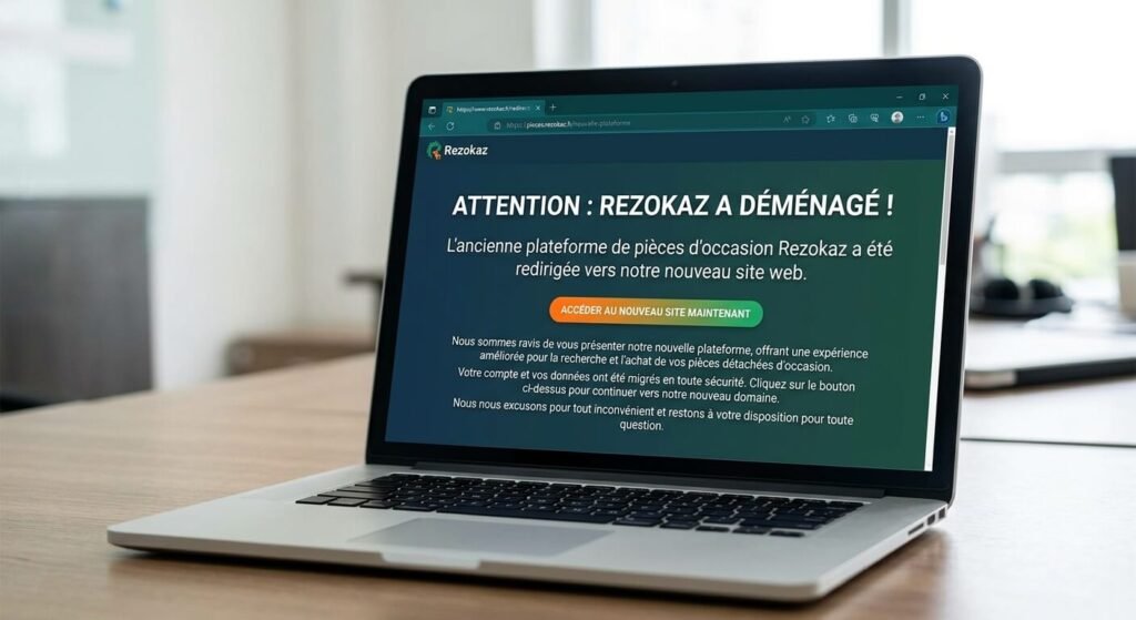 Rezokaz : le site a fermé, les meilleures alternatives 2 Écran affichant la redirection de l'ancienne plateforme de pièces d'occasion Rezokaz.