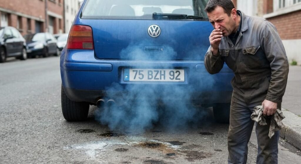 Fumée bleue et opaque sortant du pot d'échappement d'une voiture avec odeur d'huile brûlée.