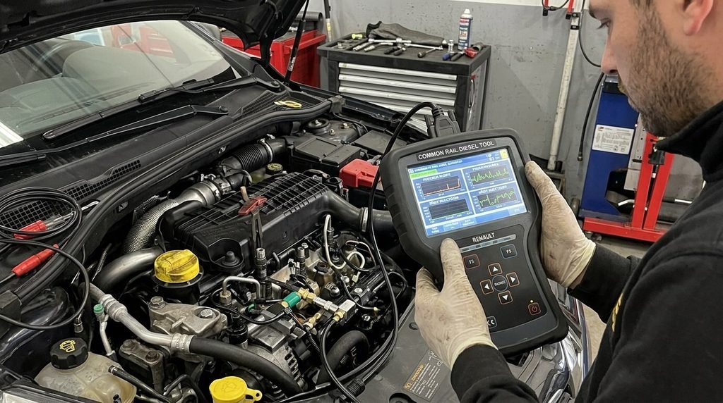 Diagnostic et contrôle des injecteurs et de la pression de rampe sur un moteur 1.5 dCi Renault.
