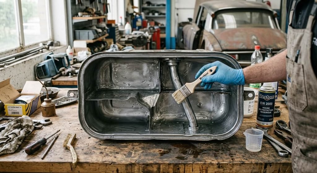 Nettoyage du réservoir d'essence d'une voiture ancienne : étapes, dérouillage et résine 3 Application d'un kit de résine de protection Restom à l'intérieur d'un réservoir d'essence nettoyé.
