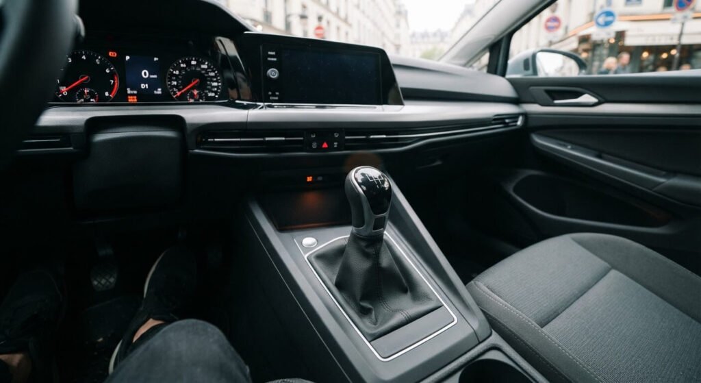 Les vitesses passent mais la voiture n'avance pas : causes et diagnostic 2 Levier de boîte de vitesses enclenché en première vitesse sur une voiture qui n'avance pas.