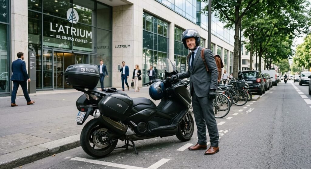 Professionnel en costume stationnant un maxi-scooter ou une moto de fonction devant des bureaux.