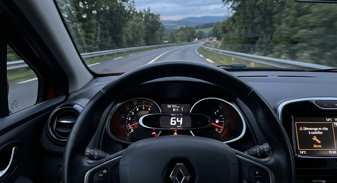 Message d'alerte Démarrage en côte à contrôler affiché sur le compteur d'une Renault Clio 4.