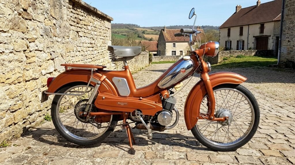 Motobécane AV89 : histoire, moteur chaudron et restauration 2 Mobylette Motobécane AV89 couleur chaudron avec fourche à balancier d'origine.