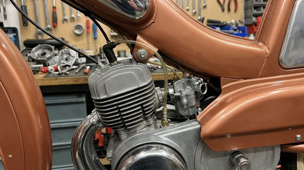 Motobécane AV89 : histoire, moteur chaudron et restauration 4 Gros plan sur le moteur AV7 et le carburateur Gurtner de la Motobécane AV89.