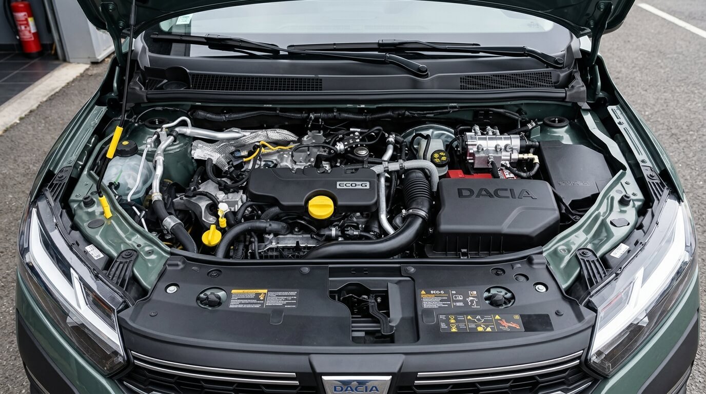 Vue sous le capot d'une Dacia Sandero équipée de la motorisation bicarburant Eco-G.