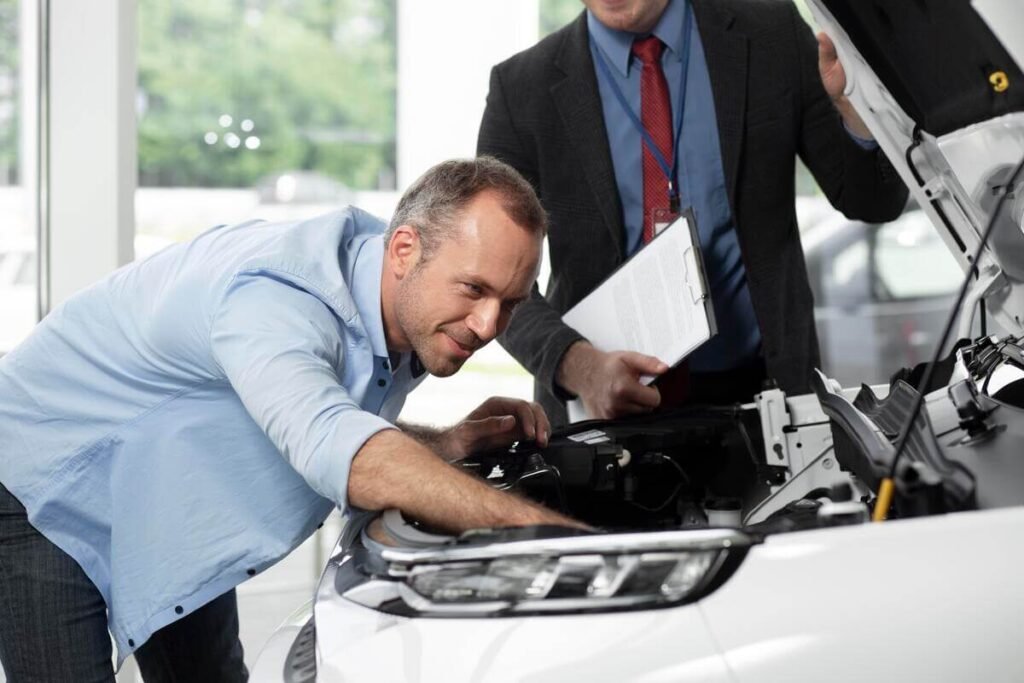 Inspection d'un moteur en panne sous le capot d'un véhicule d'occasion garanti.