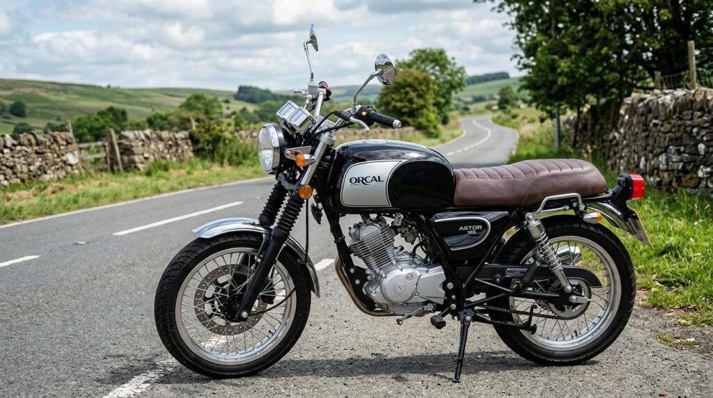 Moto Orcal Astor 125 au style néo-rétro stationnée sur une route.