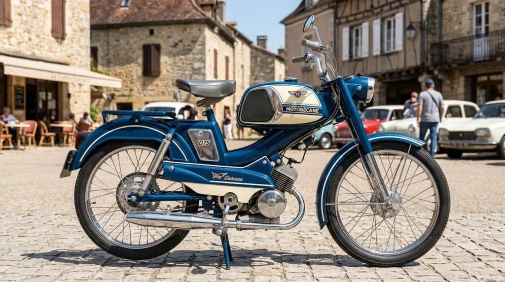 Vélomoteur Motobécane D75 d'époque restauré dans sa livrée d'origine.