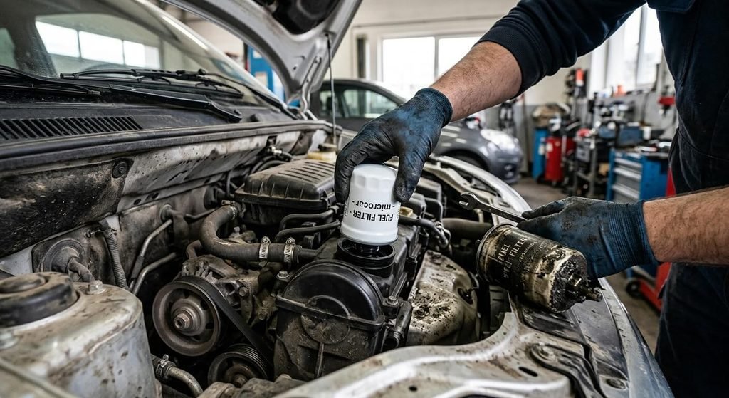 Remplacement du filtre à carburant encrassé limitant la vitesse d'une voiturette.