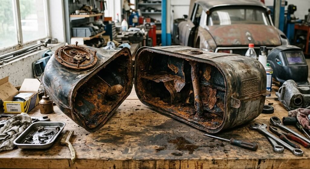 Nettoyage du réservoir d'essence d'une voiture ancienne : étapes, dérouillage et résine 2 Réservoir d'essence métallique démonté d'une voiture ancienne avec traces de rouille interne.
