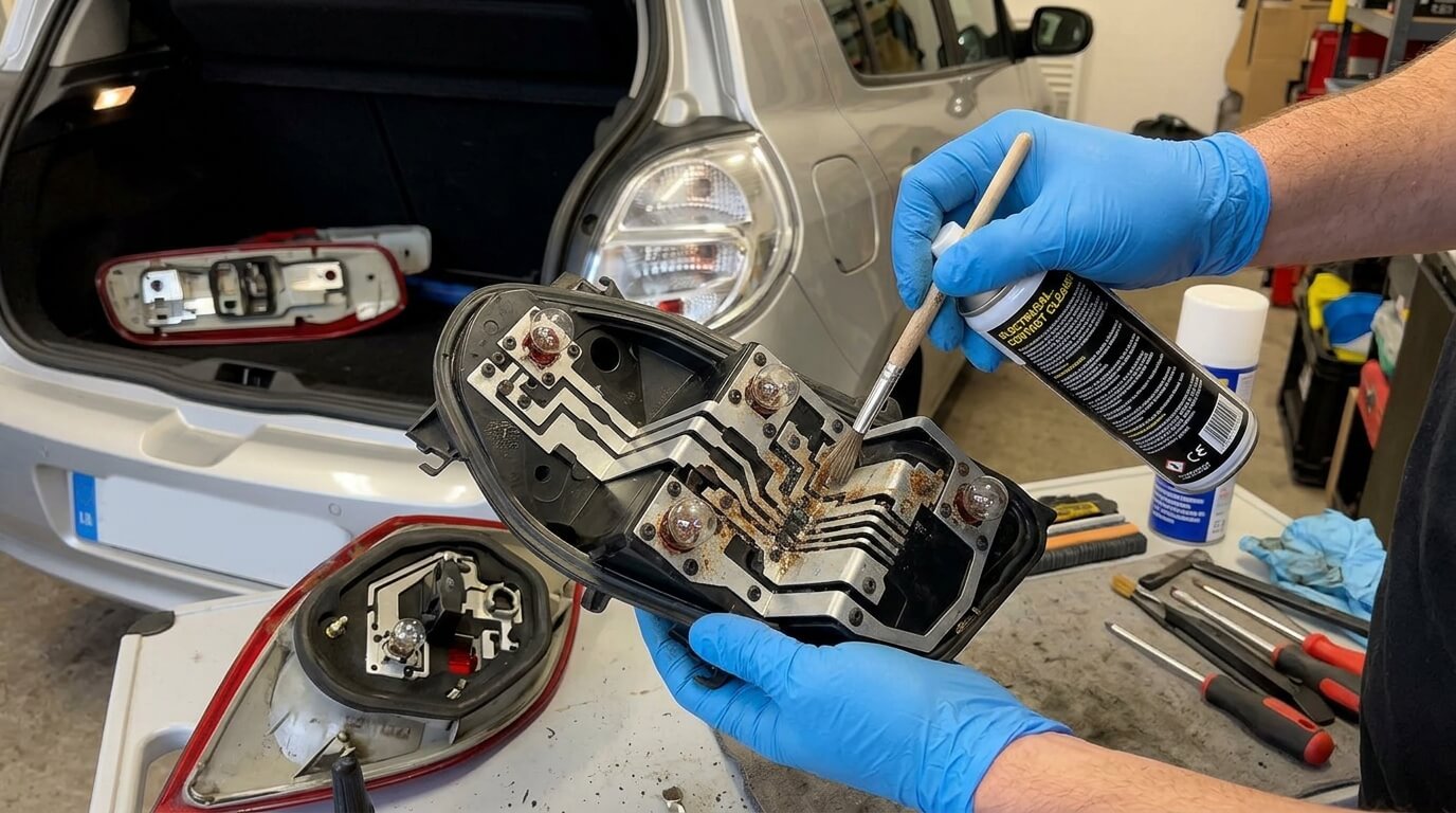 Démontage et nettoyage de la platine de feu arrière sur une Renault Clio 3.
