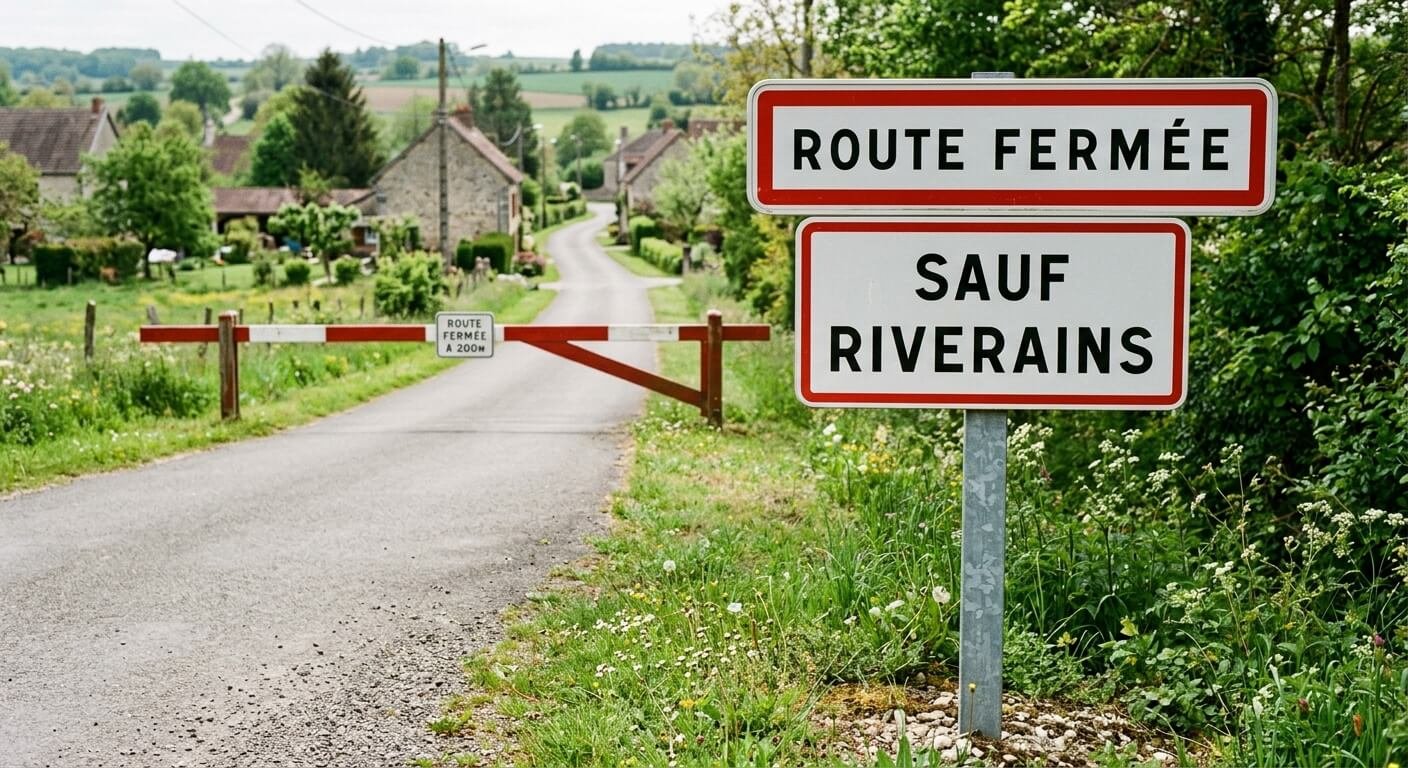 Panneau de signalisation routière indiquant une route fermée sauf pour les riverains.