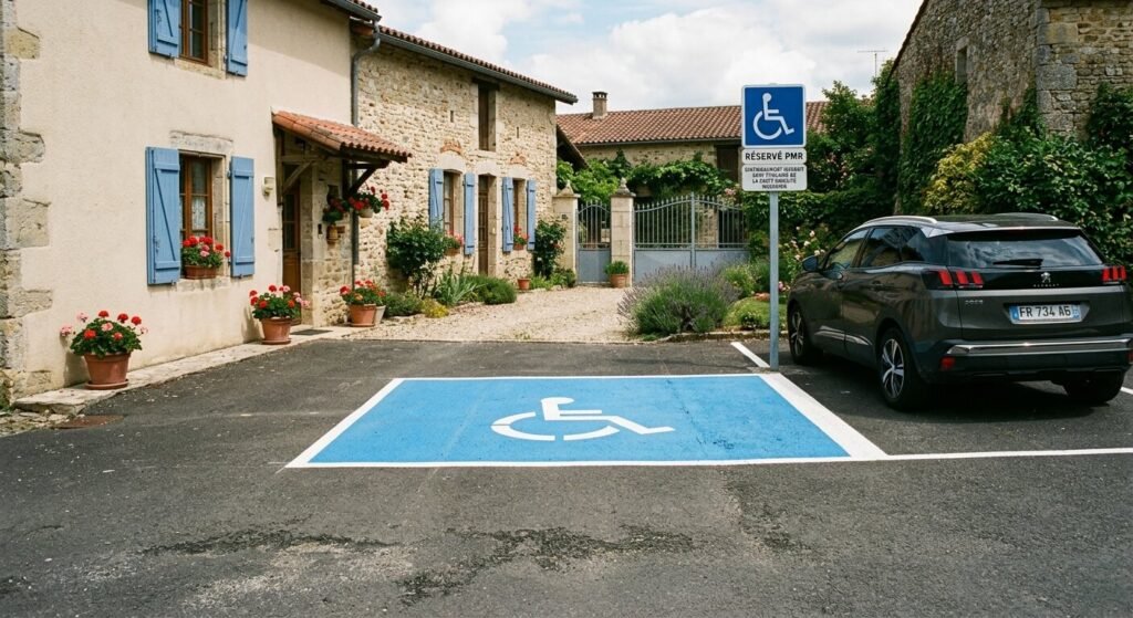 Stationnement handicapé en résidence privée : règles, droits et sanctions 2 Emplacement de stationnement pour personne handicapée avec marquage PMR au sol dans une cour privée.