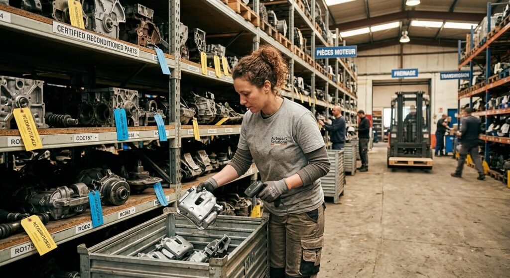 Rezokaz : le site a fermé, les meilleures alternatives 4 Magasinier sélectionnant une pièce détachée automobile reconditionnée dans une casse agréée.