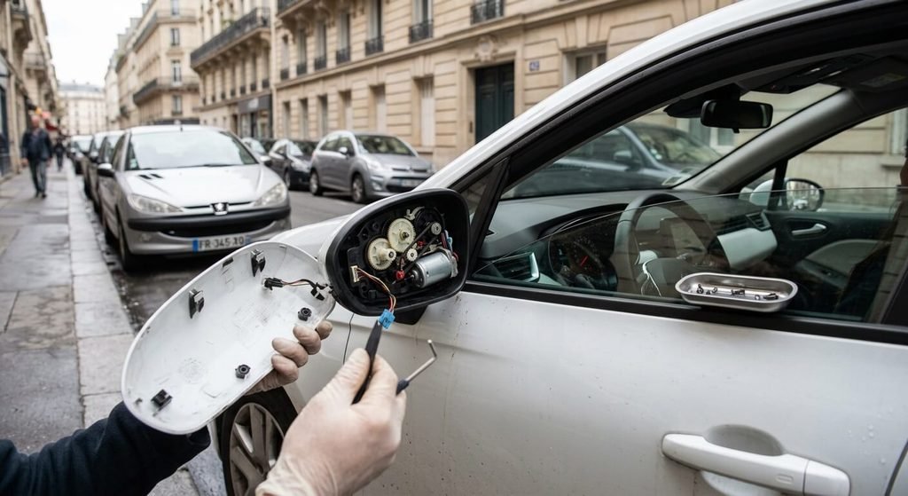 Démontage de la coque de rétroviseur pour accéder aux engrenages et au moteur électrique.