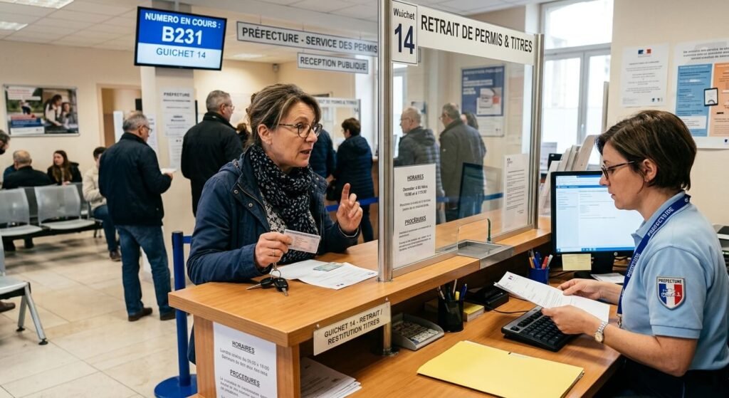 Automobiliste demandant la restitution de son titre de conduite au guichet de préfecture.