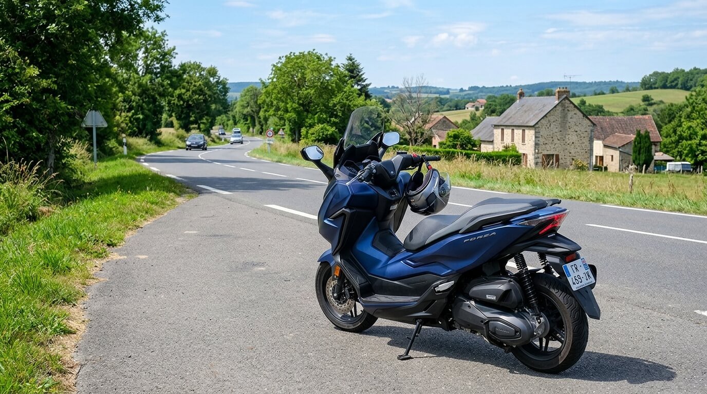 Scooter Honda Forza 125 stationné au bord de la route.