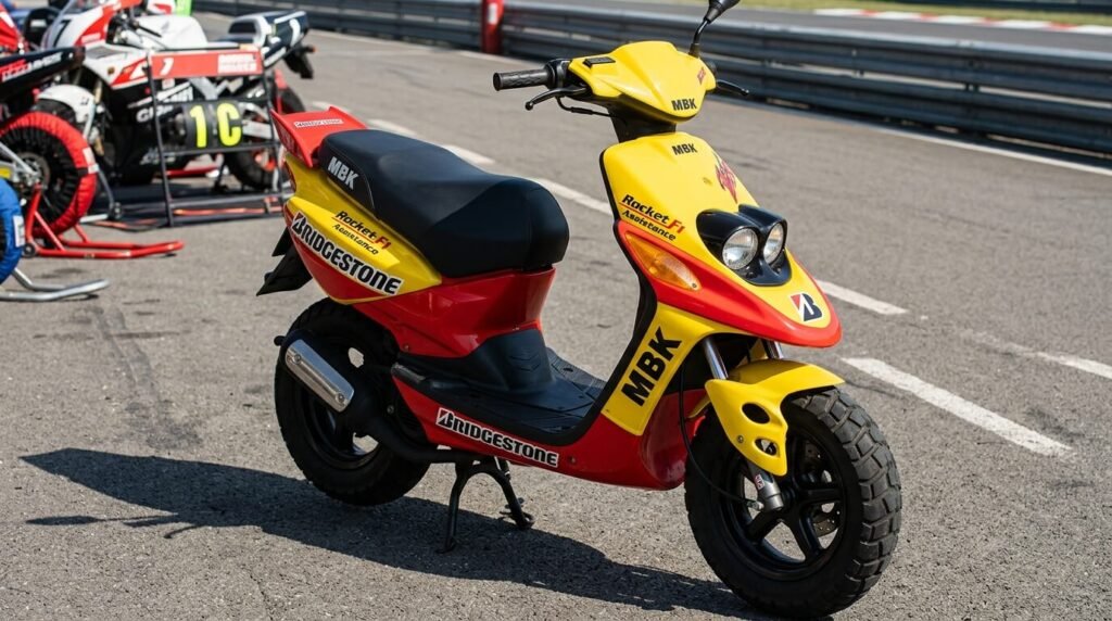 Scooter MBK Rocket F1 Assistance de 1997 en livrée jaune et rouge d'origine Bridgestone.