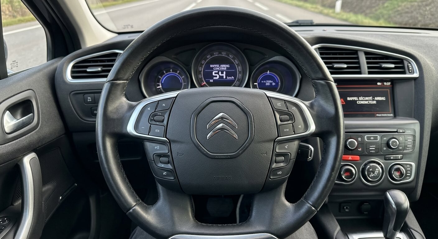 Volant de Citroën C4 au centre duquel se trouve l'airbag concerné par le rappel.