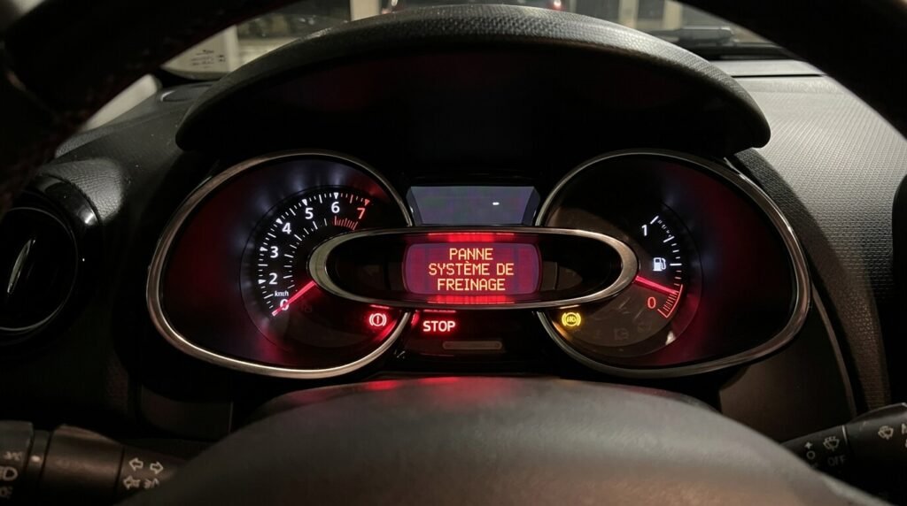 Tableau de bord de Renault Clio 4 affichant le message d'alerte rouge Panne système de freinage.
