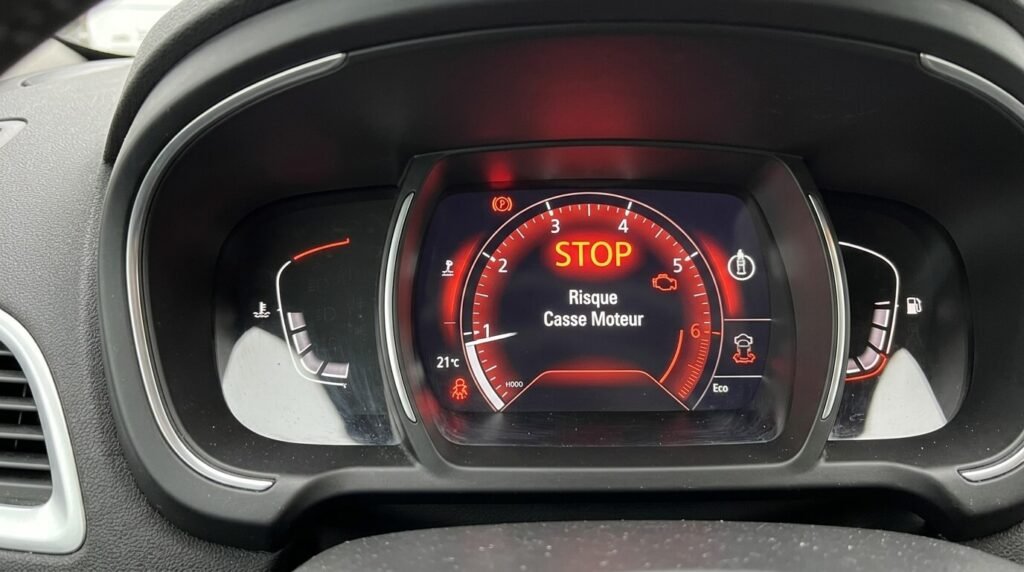 Voyant STOP rouge et message d'alerte Risque Casse Moteur sur le combiné numérique d'un Renault Scénic 3.