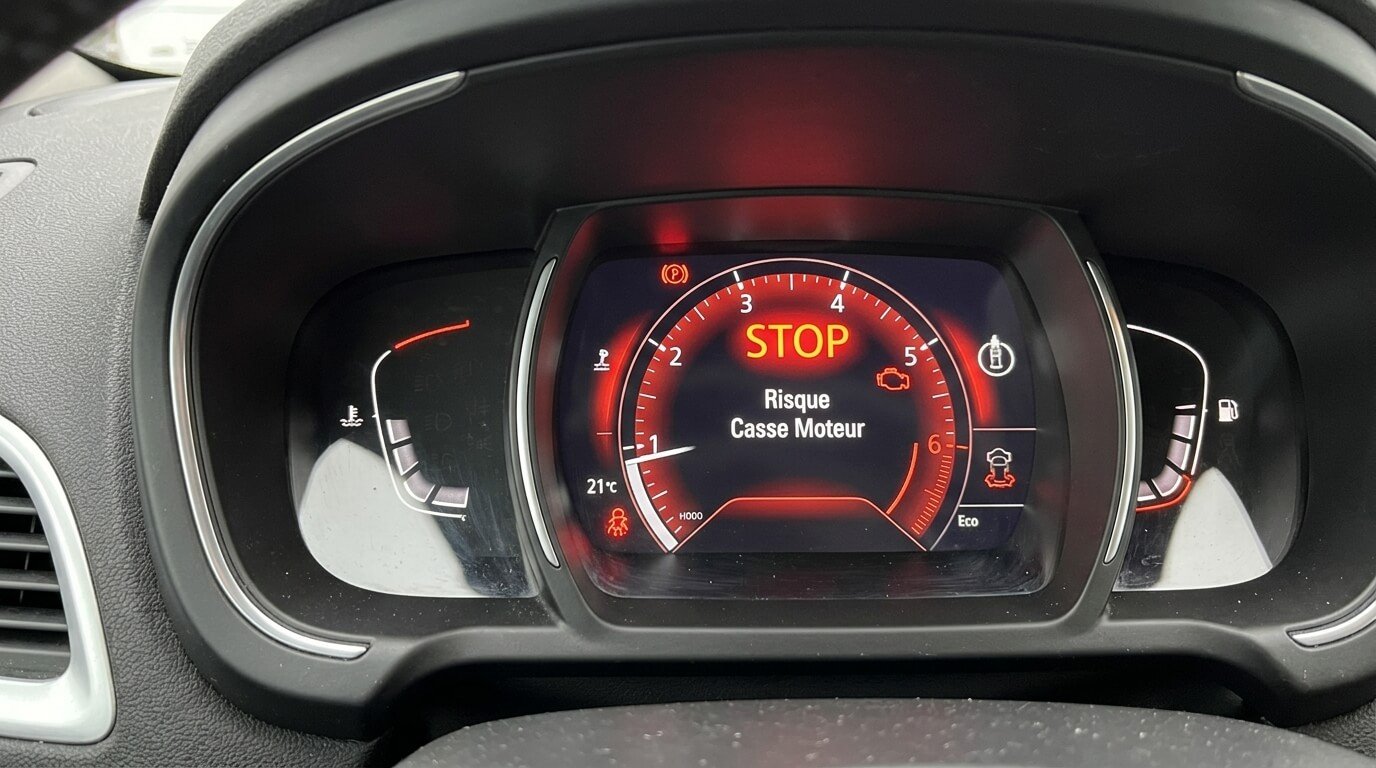 Voyant STOP rouge et message d'alerte Risque Casse Moteur sur le combiné numérique d'un Renault Scénic 3.