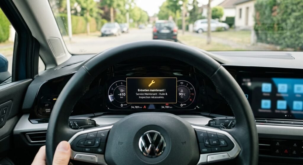 Message « Service maintenant » sur Volkswagen : signification, révision et remise à zéro 2 Message d'alerte Service Maintenant avec icône de clé à molette sur l'ordinateur de bord Volkswagen.