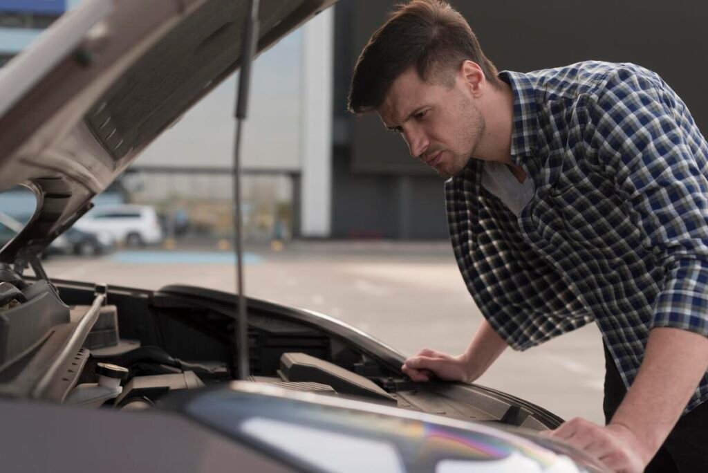 Un automobiliste vérifiant le niveau d'huile moteur de sa voiture pour un entretien préventif régulier.