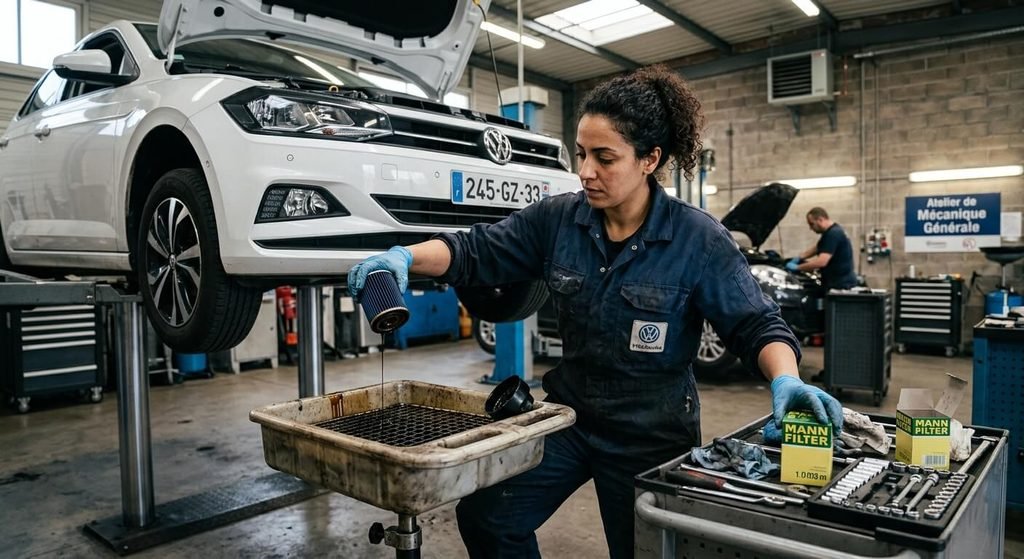 Message « Service maintenant » sur Volkswagen : signification, révision et remise à zéro 3 Mécanicien réalisant la vidange d'huile et le remplacement des filtres d'une Volkswagen Polo.