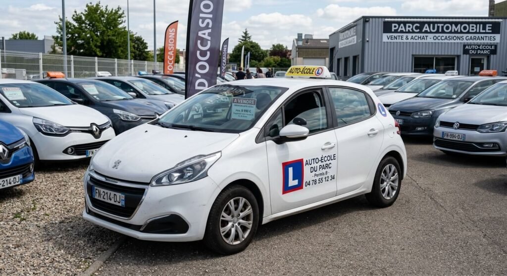 Véhicule citadin d'auto-école d'occasion en vente sur un parc automobile.