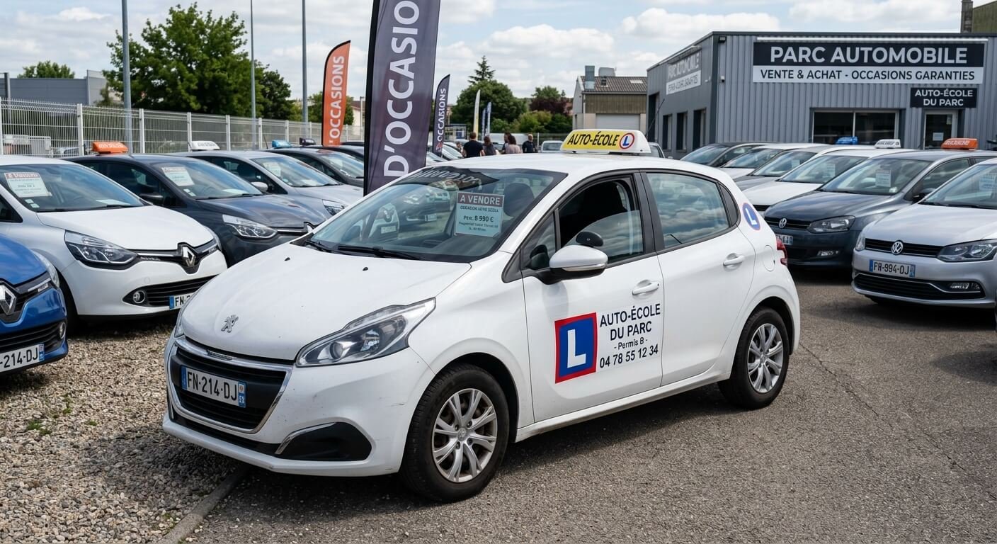 Véhicule citadin d'auto-école d'occasion en vente sur un parc automobile.
