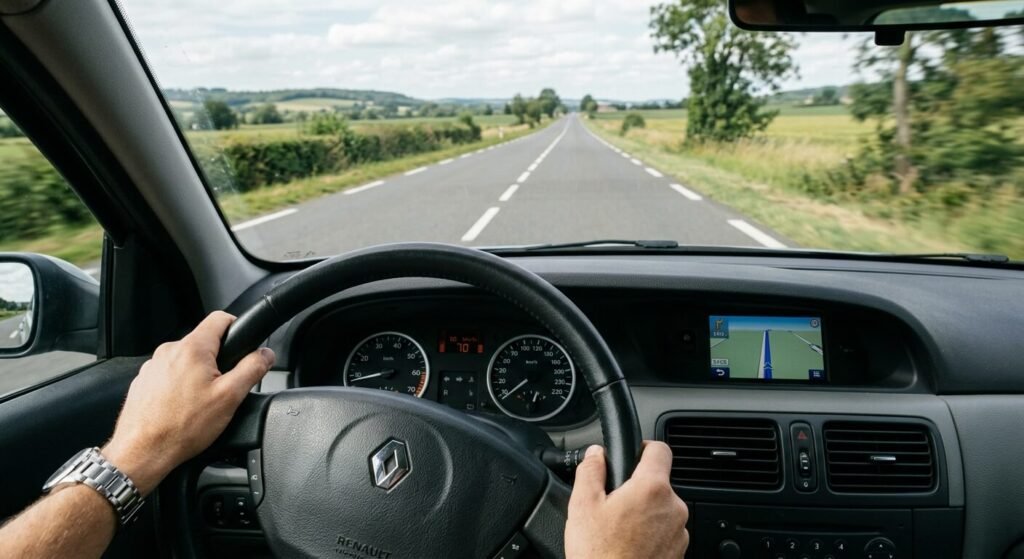 Volant incliné vers la gauche alors que le véhicule roule en ligne droite sur la route.