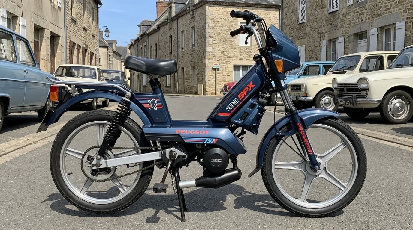Cyclomoteur Peugeot 103 SPX d'origine avec jantes en aluminium et démarrage au kick.
