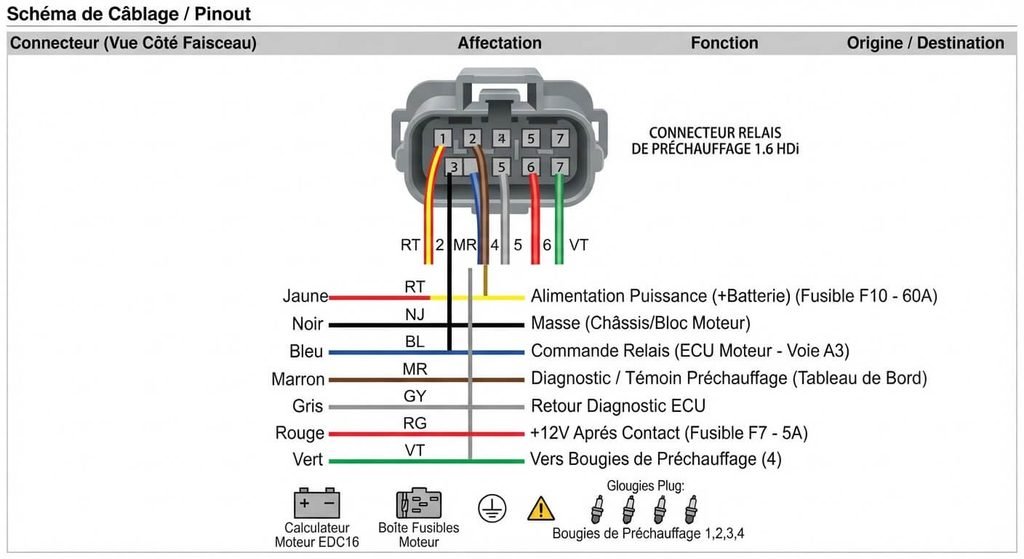 Schéma d'affectation des broches du connecteur du relais de préchauffage sur moteur 1.6 HDi.
