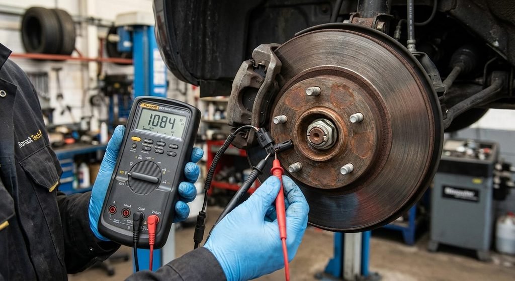 Contrôle d'un capteur de vitesse ABS sur le moyeu de roue à l'aide d'un multimètre.