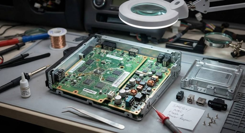 Boîtier multimédia SMEG/NAC démonté pour réparation de la mémoire flash et de l'alimentation.