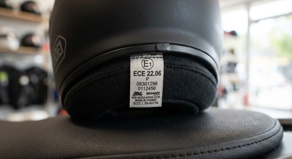 Permis moto | L'équipement à acheter en priorité en 2026 3 Gros plan sur l'étiquette d'homologation européenne ECE 22.06 à l'arrière d'un casque moto intégral neuf.