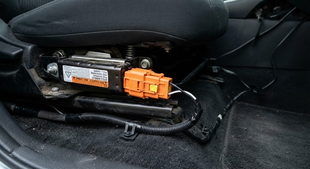 Défaut airbag ou ceinture à prétension : causes du voyant, connecteurs et réparations 3 Connecteur électrique orange du prétensionneur de ceinture sous un siège automobile.