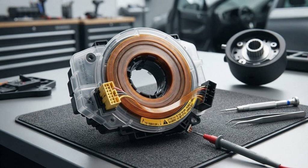 Défaut airbag ou ceinture à prétension : causes du voyant, connecteurs et réparations 4 Bague spirale du contacteur tournant d'airbag volant démontée pour contrôle.